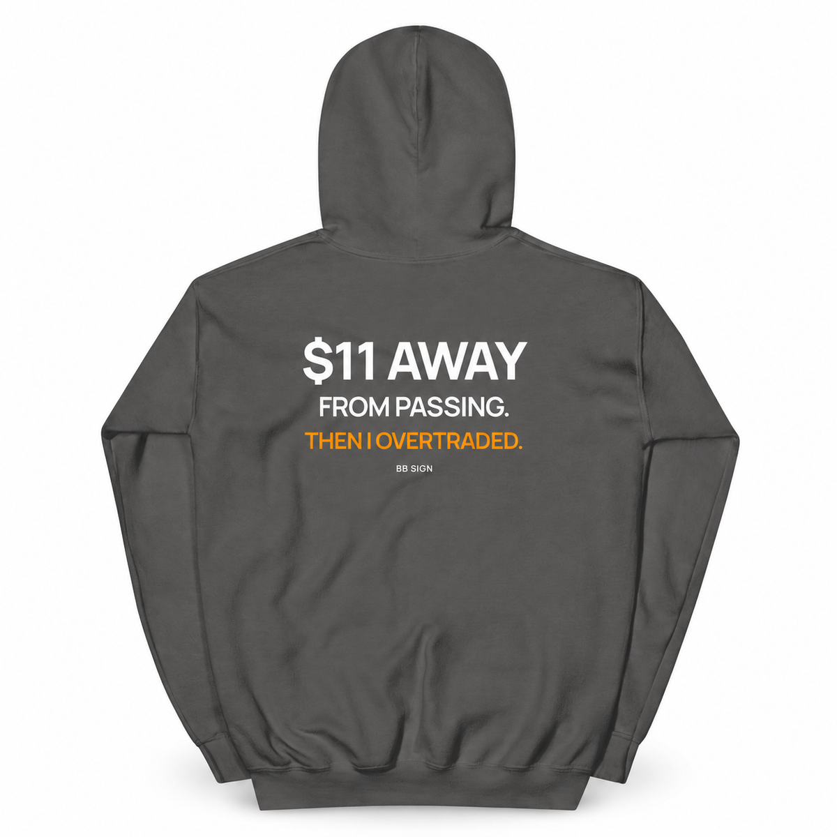 $11 Away — Trading Hoodie | BB SIGN, Charcoal, English, product back on white background