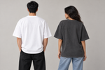 Concept mockup — All That Stress. Break Even. — Tee, back view on two models.