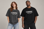 Concept mockup — Compré. Perdón a Todos. — Tee on two models.