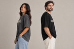 Concept mockup — Soy la Liquidez — Tee, side view on two models.