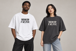 Concept mockup — Tocó Mi Stop y Se Fue — Tee on two models.