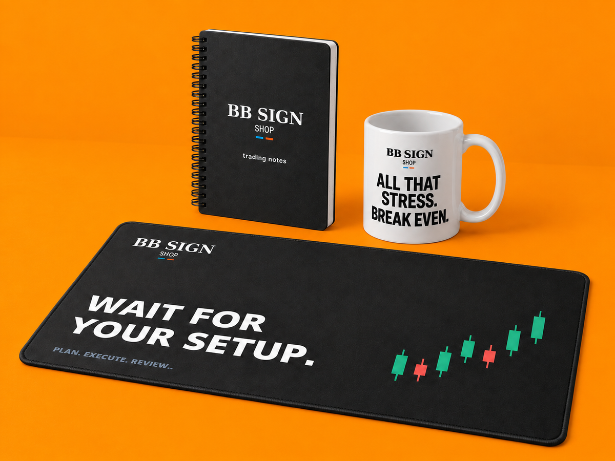 BB SIGN printed desk mat, trading notebook and mug on a matte clay backdrop