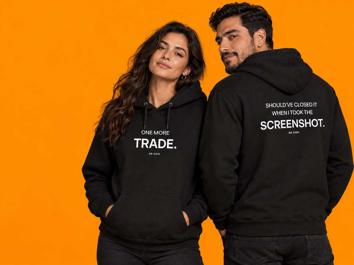 Models wearing BB SIGN phrase hoodies on a muted clay orange backdrop