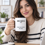 BB SIGN — break-even-white-15oz-es — model — mockup conceptual