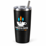 BB SIGN SHOP — Candles & Coffee Thermal Tumbler, Black, product angle on white background