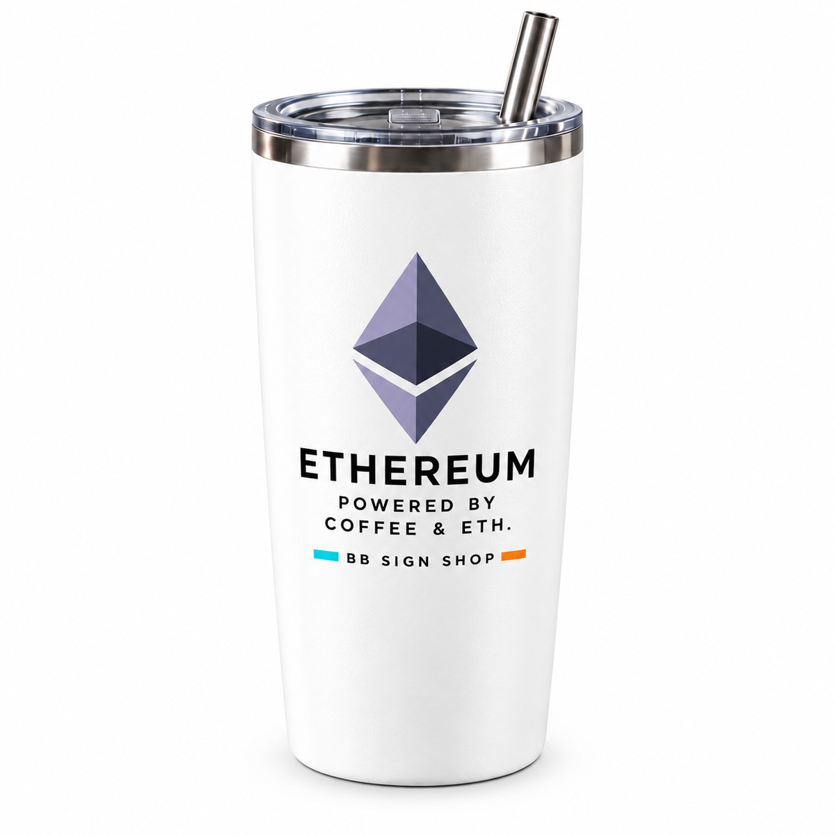 BB SIGN SHOP — Ethereum Coffee & ETH Thermal Tumbler, White, product front on white background