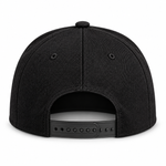 Black snapback cap, rear product view on white background