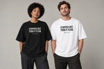 Concept mockup — Stopped Out. Then It Flew. — Tee on two models.