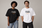 Concept mockup — Una Más y Cierro — Tee on two models.