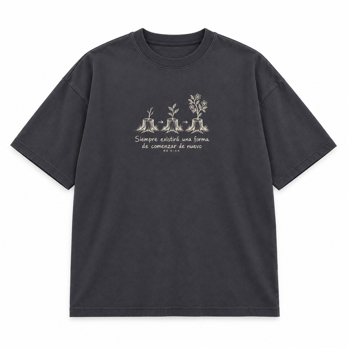 Begin Again — Oversized Graphic T-Shirt, Dark Grey, , product front on white background