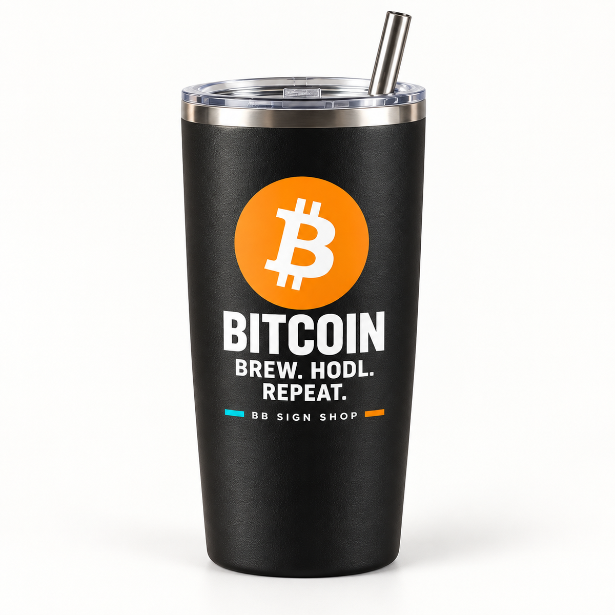 BB SIGN SHOP — Bitcoin Brew HODL Repeat Thermal Tumbler — Black, 20 oz — vista frontal