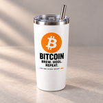BB SIGN SHOP — Bitcoin Brew HODL Repeat Thermal Tumbler — White, 20 oz — vista en ángulo