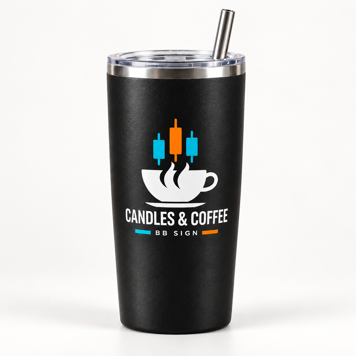 BB SIGN SHOP — Candles & Coffee Thermal Tumbler — Black, 20 oz — vista frontal