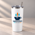 BB SIGN SHOP — Candles & Coffee Thermal Tumbler — White, 20 oz — vista en ángulo