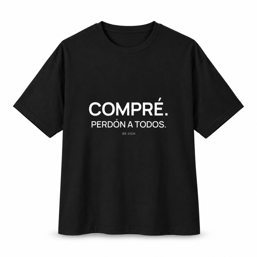 Compré. Perdón a Todos. — Oversized Trading T-Shirt, Black, product front on white background