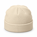 Ecru cable knit beanie, rear product view on white background
