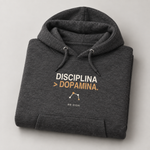 BBS-SINGLE|Charcoal Heather|folded|Disciplina > Dopamina. — Premium Hoodie folded studio view