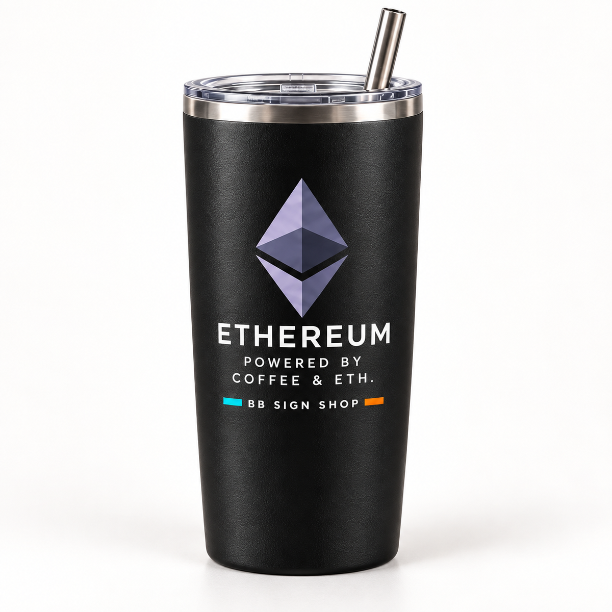 BB SIGN SHOP — Ethereum Coffee & ETH Thermal Tumbler — Black, 20 oz — vista frontal