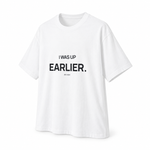 I Was Up Earlier — Oversized Trading T-Shirt, White, product angle on white background