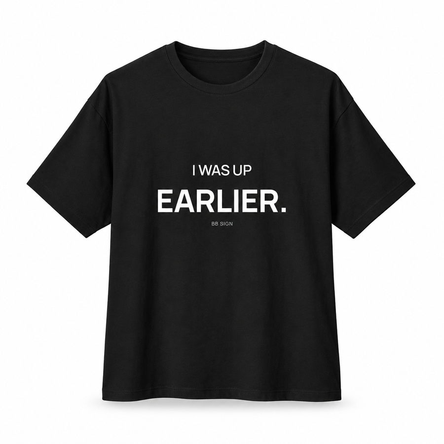 I Was Up Earlier — Oversized Trading T-Shirt, Black, product front on white background