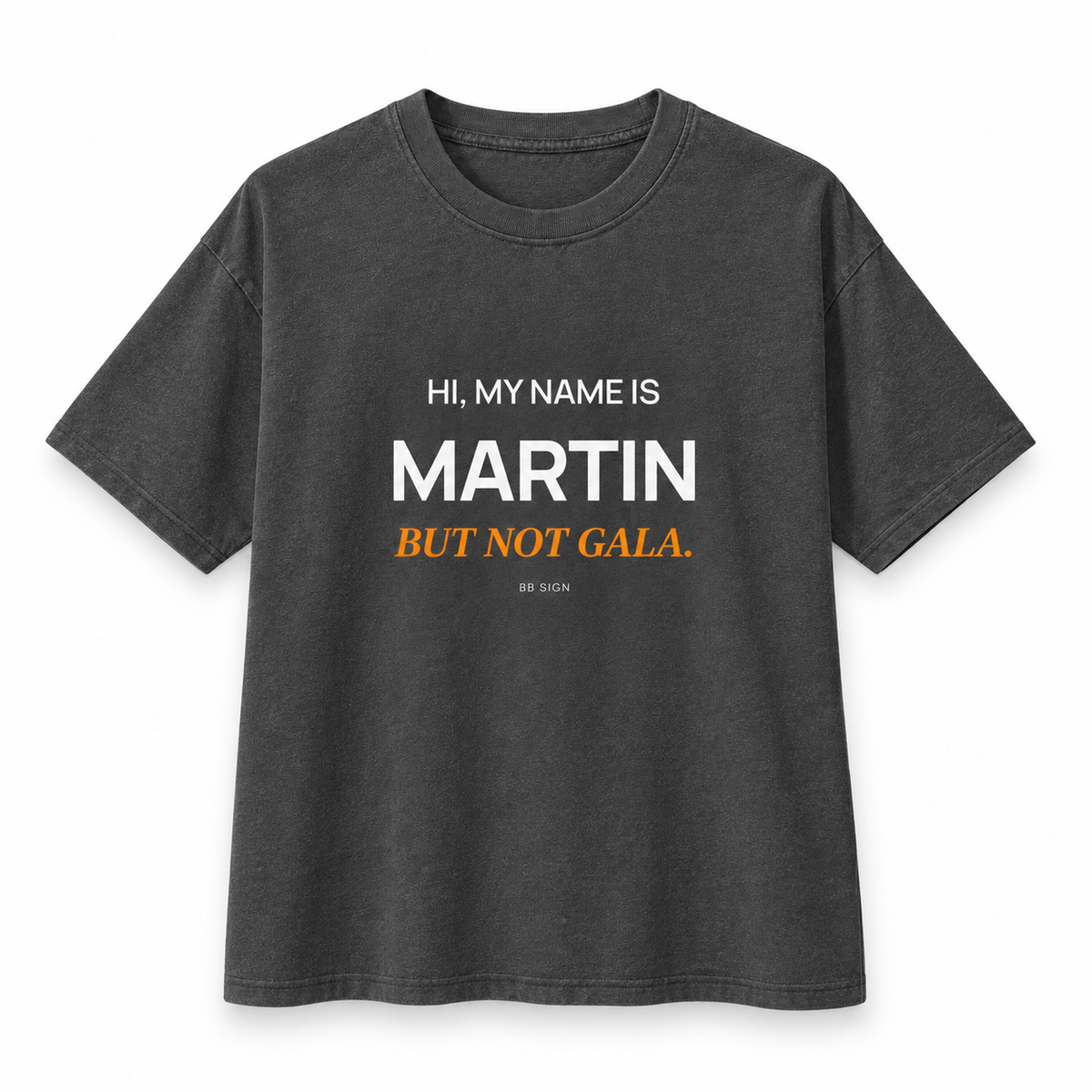 Martin — But Not Gala — Oversized Trading T-Shirt, Dark Grey, product front on white background