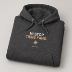 BBS-SINGLE|Charcoal Heather|folded|Mi Stop Tiene Fans. — Premium Hoodie folded studio view
