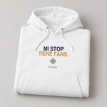 BBS-SINGLE|White|folded|Mi Stop Tiene Fans. — Premium Hoodie folded studio view
