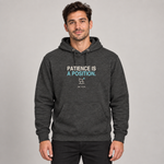 BBS-SINGLE|Charcoal Heather|front|Patience Is A Position. — Premium Hoodie on model