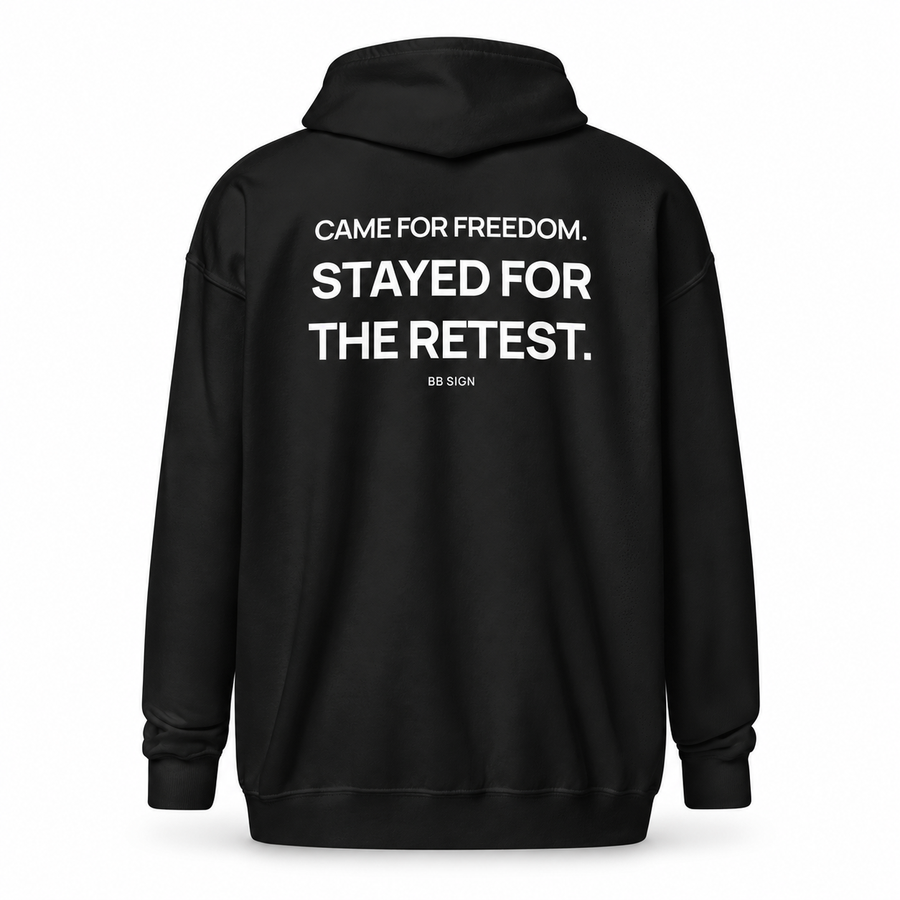 Retest Lifestyle — Trading Zip Hoodie | BB SIGN, Black, English, product back on white background