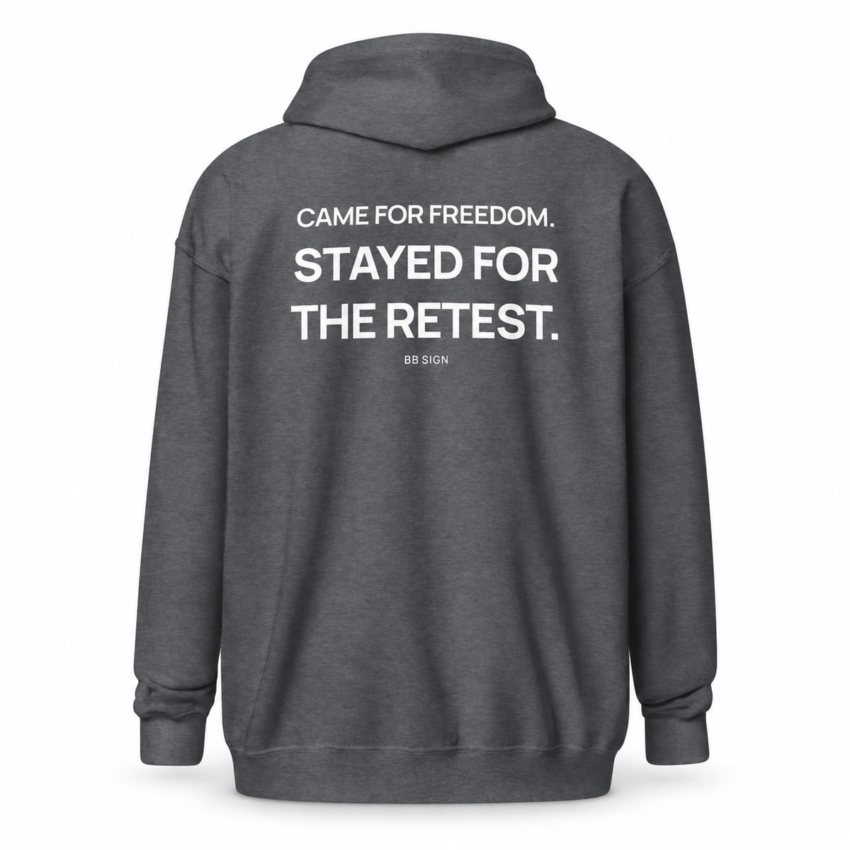Retest Lifestyle — Trading Zip Hoodie | BB SIGN, Dark Heather, English, product back on white background