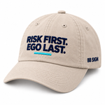 Risk First. Ego Last. — Classic Dad Hat, Stone, product angle on white background