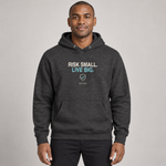 BBS-SINGLE|Charcoal Heather|front|Risk Small. Live Big. — Premium Hoodie on model