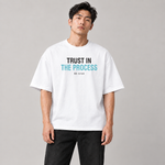 Trust in the Process oversized tee white front on model