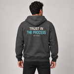 Trust in the Process zip hoodie dark heather back on model