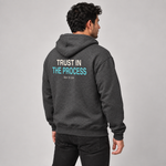 Trust in the Process zip hoodie dark heather side on model