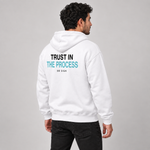 Trust in the Process zip hoodie white side on model