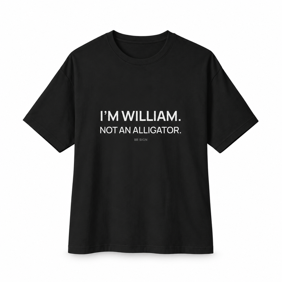 William — Not an Alligator — Oversized Trading T-Shirt, Black, product front on white background