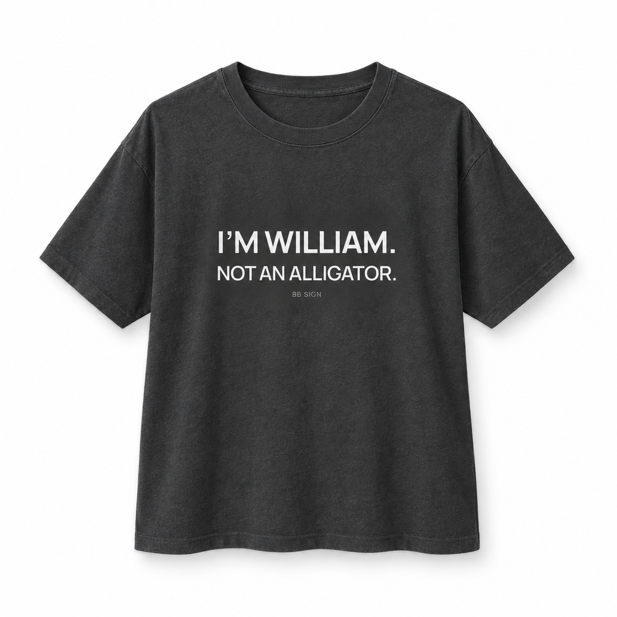 William — Not an Alligator — Oversized Trading T-Shirt, Dark Grey, product front on white background